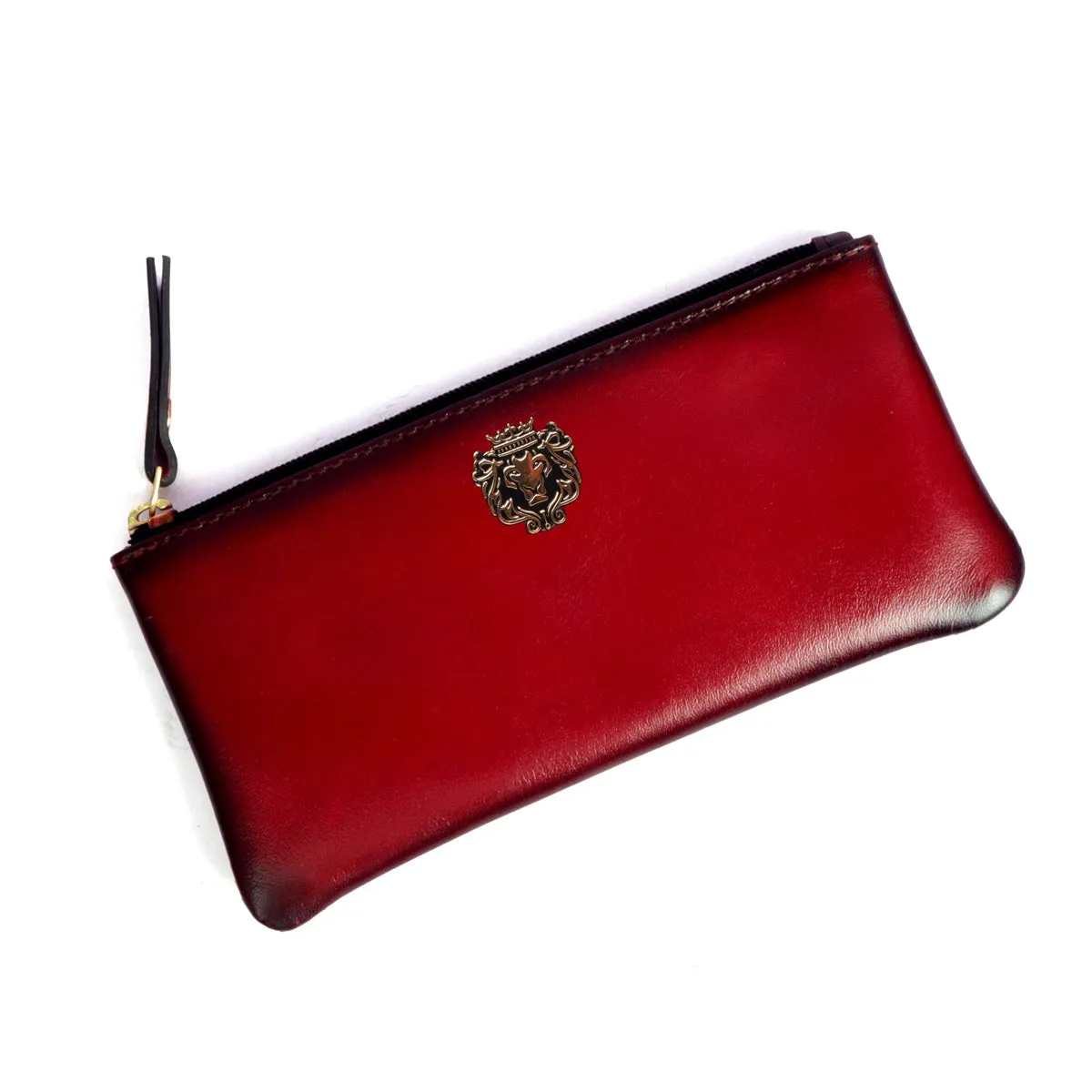 Unisex Wine Plain Genuine Leather Pouch With Metal Lion Logo By Brune & Bareskin