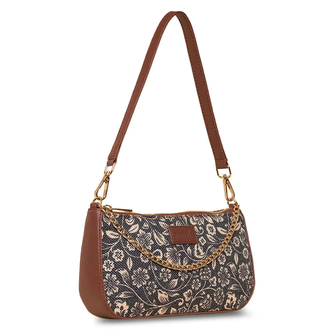 ZOUK Floral Printed Women's Handcrafted Vegan Leather Black Casual Mini Shoulder Bag